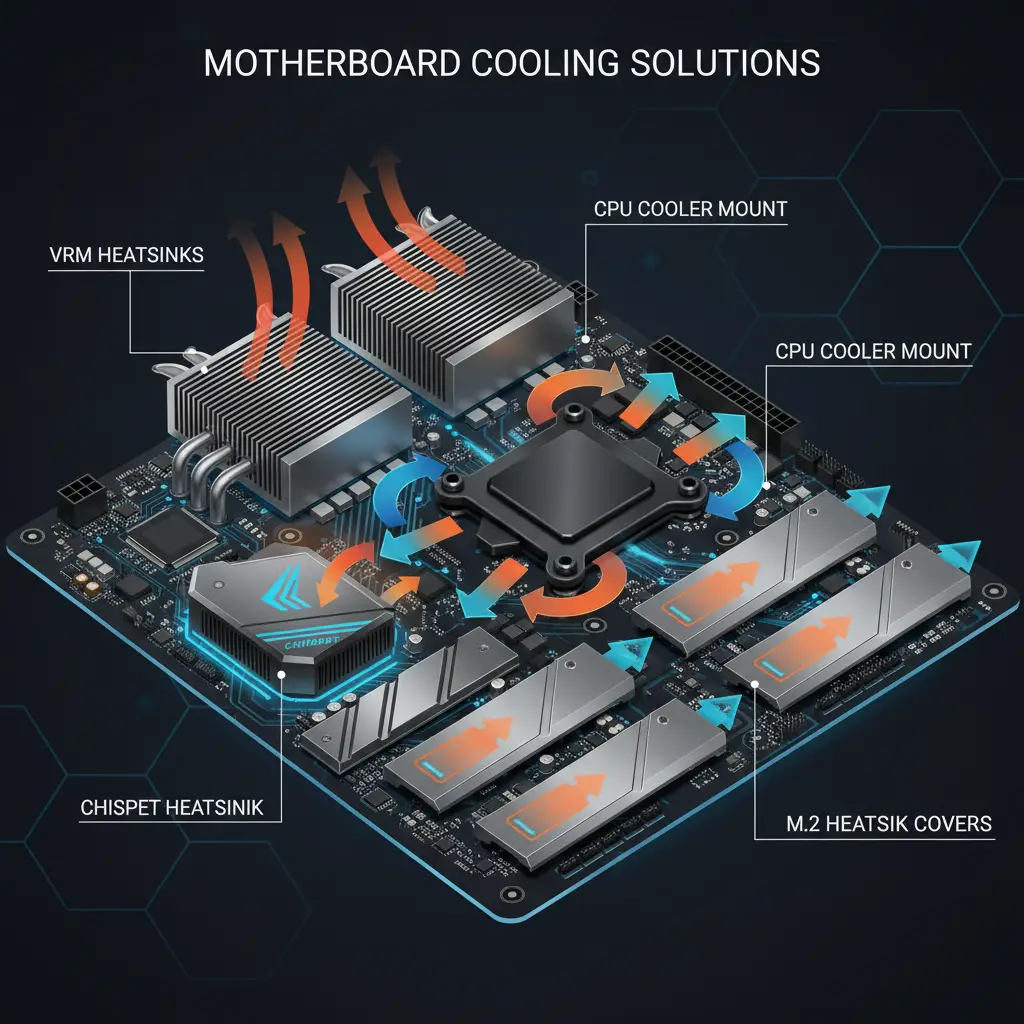 VRM heatsinks and cooling solutions on a gaming motherboard