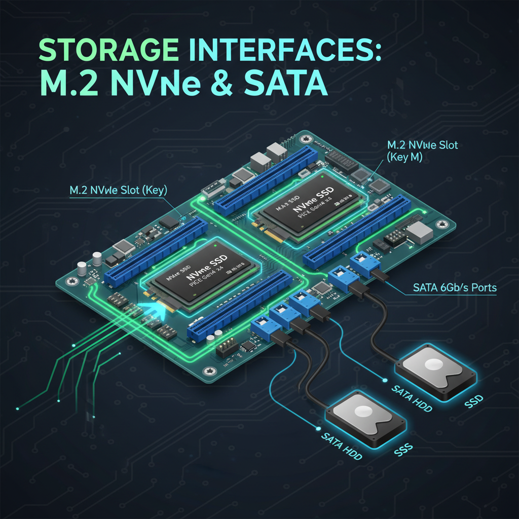 NVMe M.2 SSD and SATA storage connections on a motherboard